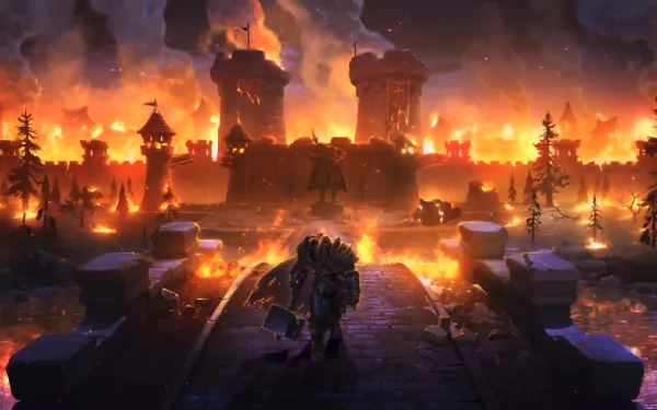 HD desktop wallpaper of Arthas Menethil in armor from Warcraft III: Reforged, standing before a fiery battlefield.
