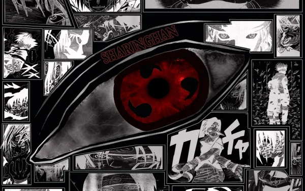 HD desktop wallpaper featuring a collage of manga panels from Naruto, highlighting the Sharingan eye. Itachi and Sasuke Uchiha are seen among the images, enhancing the thematic focus on the iconic anime.