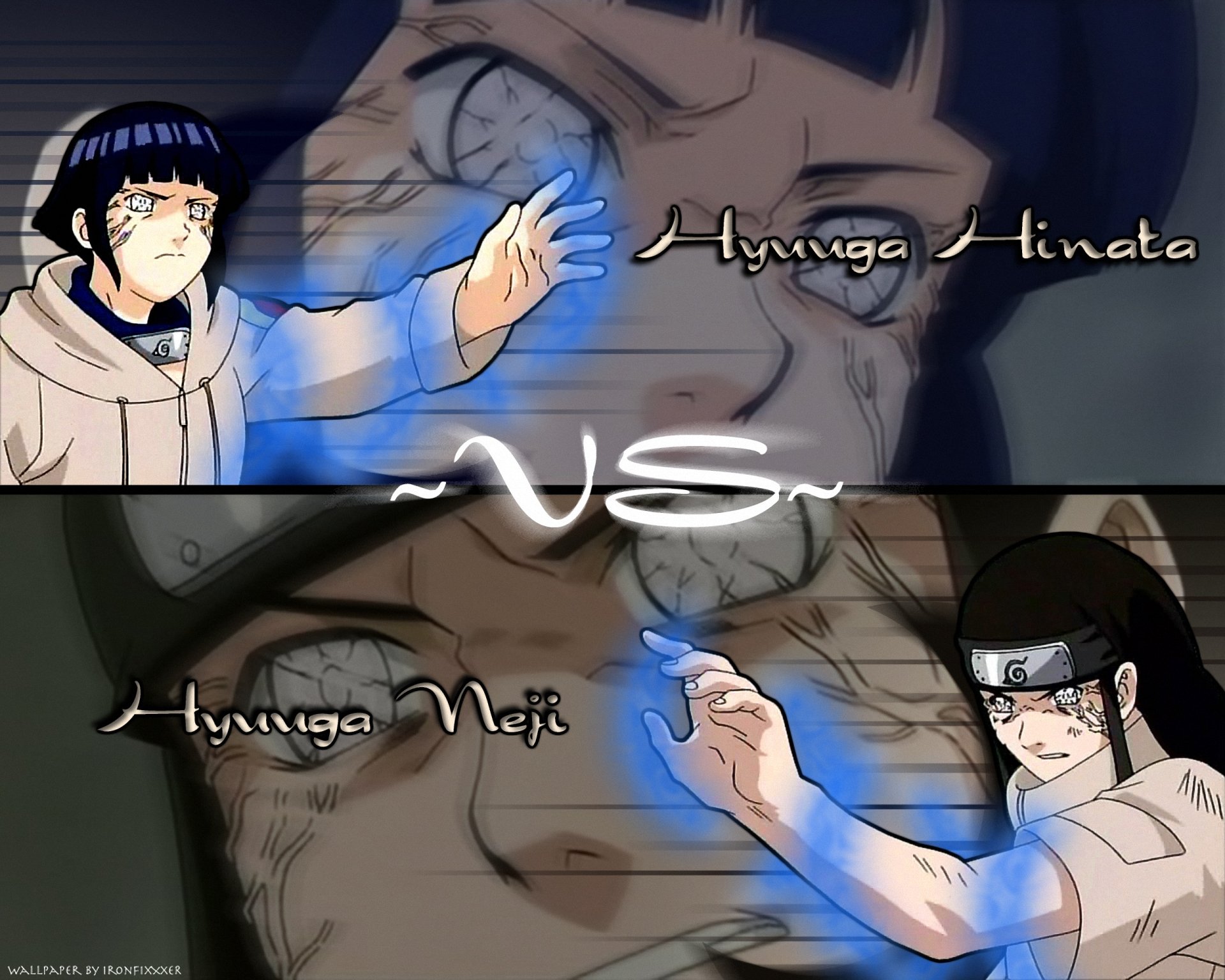 A dynamic HD wallpaper featuring Hinata Hyuga and Neji Hyuga from the anime Naruto, showcasing their intense rivalry with glowing chakra effects.