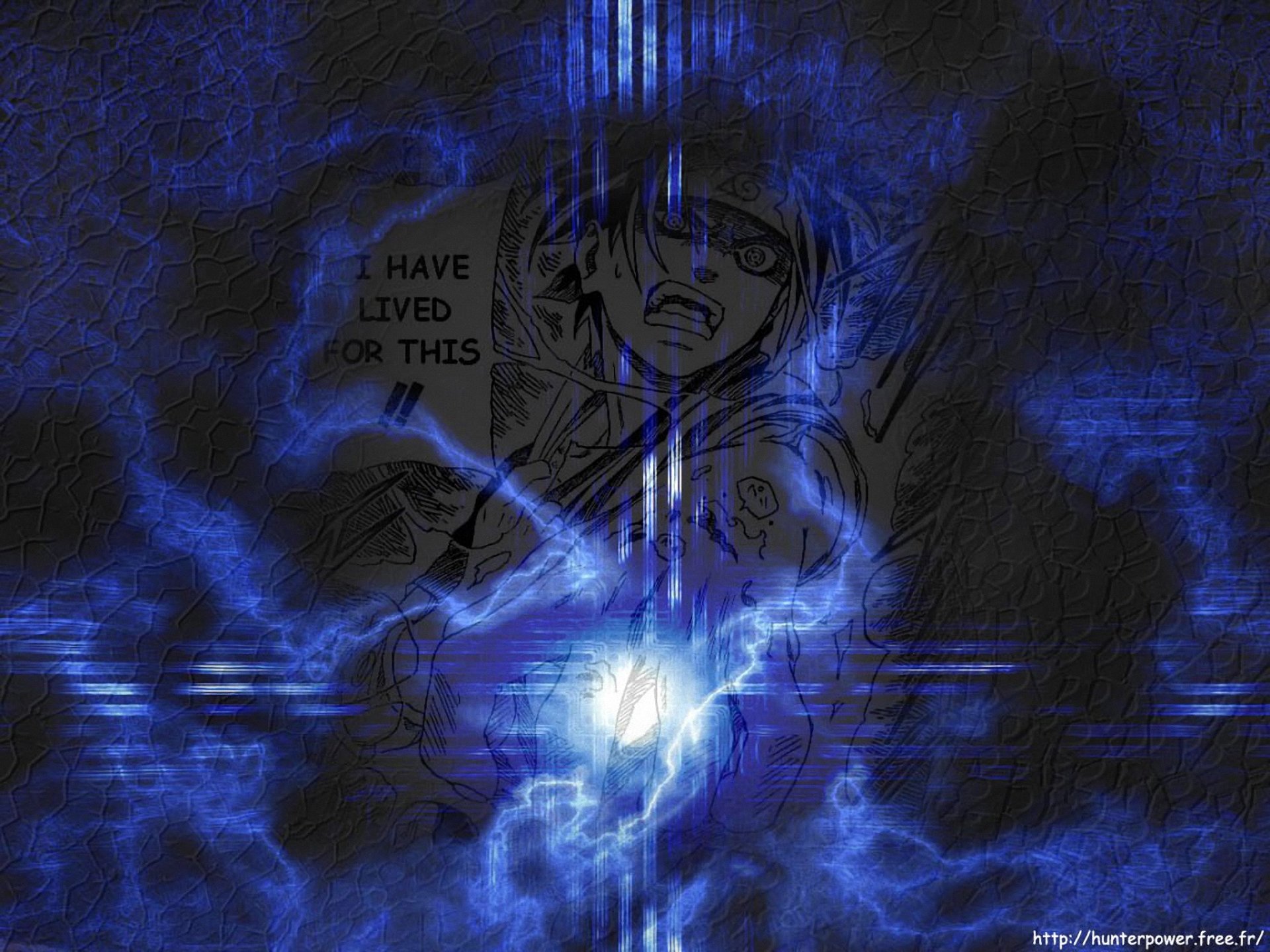 A dynamic HD desktop wallpaper featuring Sasuke Uchiha from the anime Naruto, showcasing a striking blue electric design and dramatic facial expressions.