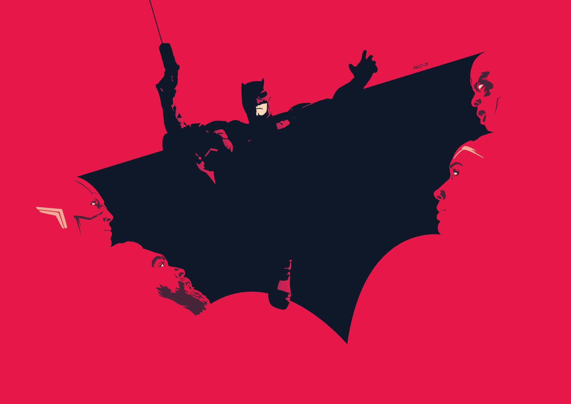 A bold comic-style 4K Ultra HD Justice League wallpaper featuring Batman in silhouette against a red background with subtle character profiles.