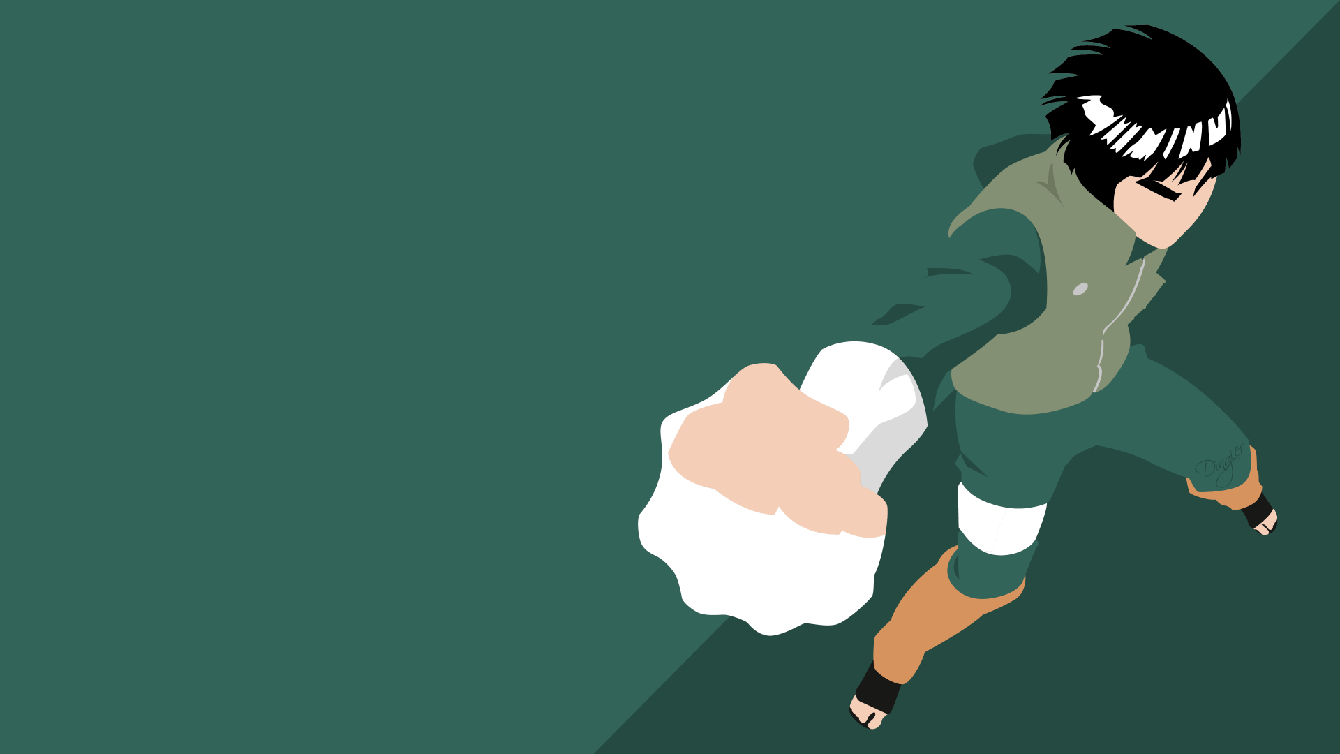Minimalist 4K Ultra HD PC wallpaper of Rock Lee from the anime Naruto, featuring his signature green outfit and dynamic fighting pose on a solid green background.