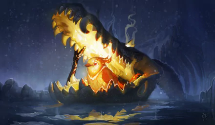 A vibrant fantasy bird sits inside the glowing mouth of a giant creature in this HD desktop wallpaper and background. Mist and water add to the mysterious ambiance.