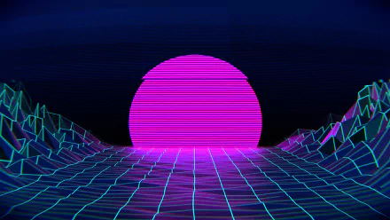 HD vaporwave-style desktop wallpaper with a neon grid and a radiant pink and purple sun setting on the digital horizon.
