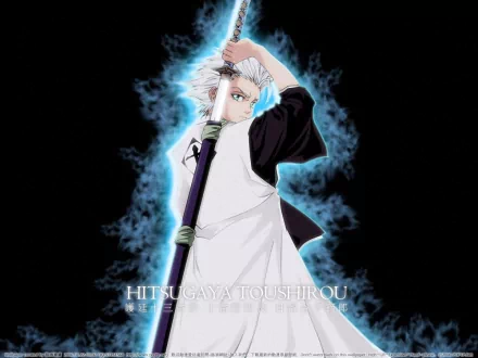 HD desktop wallpaper of Tōshirō Hitsugaya from the anime Bleach, featuring the character holding a sword against a dark background with blue energy emanating around him.