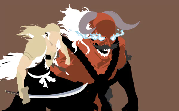 Minimalist 4K Ultra HD PC desktop wallpaper featuring Sajin Komamura from the anime Bleach, showcasing his powerful and fierce form in bold colors.