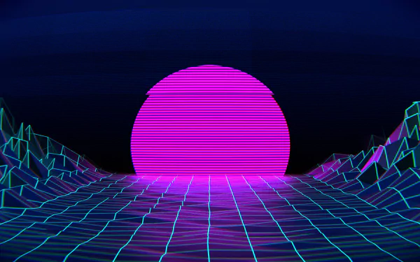 HD vaporwave-style desktop wallpaper with a neon grid and a radiant pink and purple sun setting on the digital horizon.