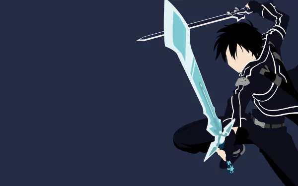 Kazuto Kirigaya as Kirito from Sword Art Online wielding a glowing sword in a dynamic pose against a dark background, 4K Ultra HD anime desktop wallpaper.