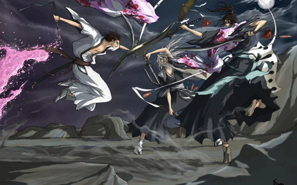 HD PC desktop wallpaper of Bleach captains Jūshirō Ukitake, Shunsui Kyōraku, and Byakuya Kuchiki clashing amid windswept rocks under a stormy moonlit sky.