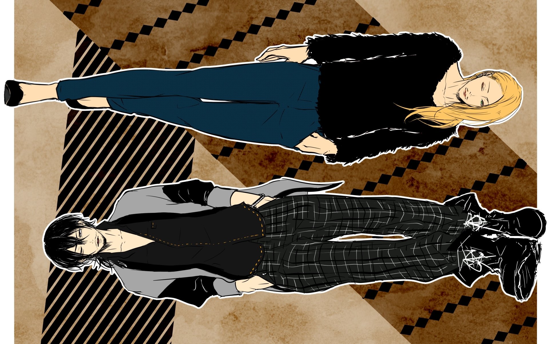 2K Quad HD PC desktop wallpaper of My Hero Academia — stylized anime portrait of Shouta Aizawa and Present Mic standing side-by-side over a geometric brown patterned background.