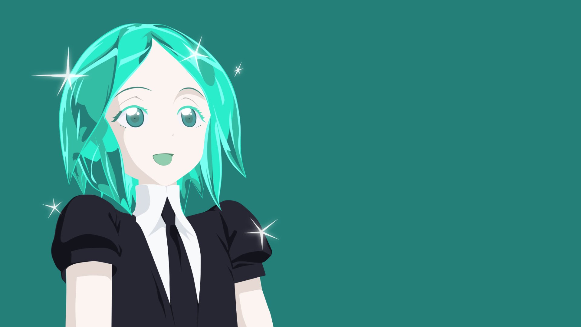HD anime desktop wallpaper featuring Phosphophyllite from Land of the Lustrous with teal hair and sparkling highlights on a solid teal background.