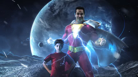 HD desktop wallpaper featuring DC Comics' Shazam with Billy Batson, portrayed by Asher Angel and Zachary Levi, set against a cosmic background.