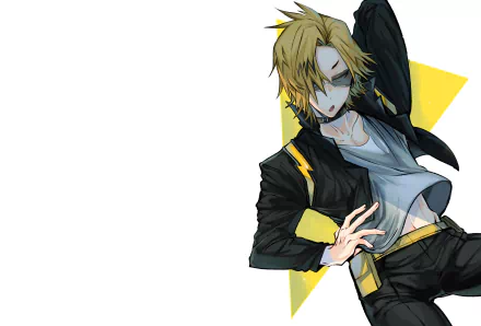 HD PC desktop wallpaper of Denki Kaminari from My Hero Academia, striking a dynamic pose against a white background with a yellow geometric accent.
