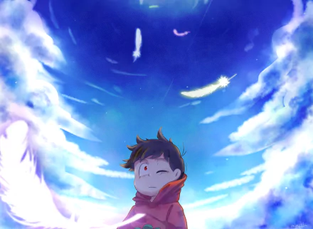 HD PC desktop wallpaper background of Osomatsu Matsuno (Osomatsu-san): anime figure in a red hoodie gazes up at a vivid blue sky with glowing feathers.