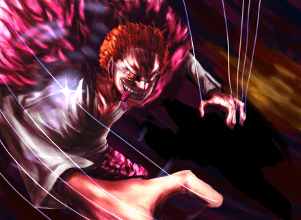 Donquixote Doflamingo (One Piece anime) snarling with crimson hair, manipulating deadly strings amid fiery shadows — 4K Ultra HD PC desktop wallpaper and background.