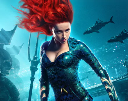 HD PC desktop wallpaper featuring Amber Heard as Mera from the DC Comics movie Aquaman, set underwater with sharks in the background.