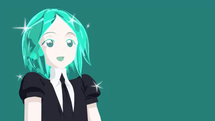 HD anime desktop wallpaper featuring Phosphophyllite from Land of the Lustrous with teal hair and sparkling highlights on a solid teal background.