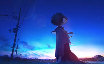 Anime-style HD desktop wallpaper depicting a short-haired character with brown hair silhouetted against a vibrant sunset sky.