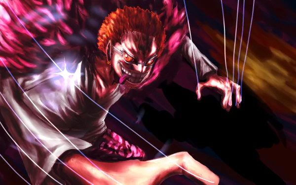 Donquixote Doflamingo (One Piece anime) snarling with crimson hair, manipulating deadly strings amid fiery shadows — 4K Ultra HD PC desktop wallpaper and background.