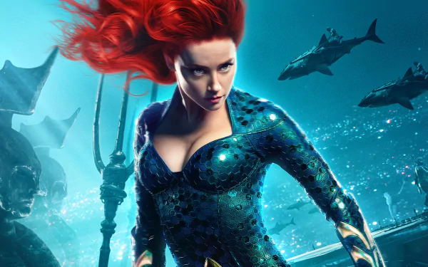 HD PC desktop wallpaper featuring Amber Heard as Mera from the DC Comics movie Aquaman, set underwater with sharks in the background.