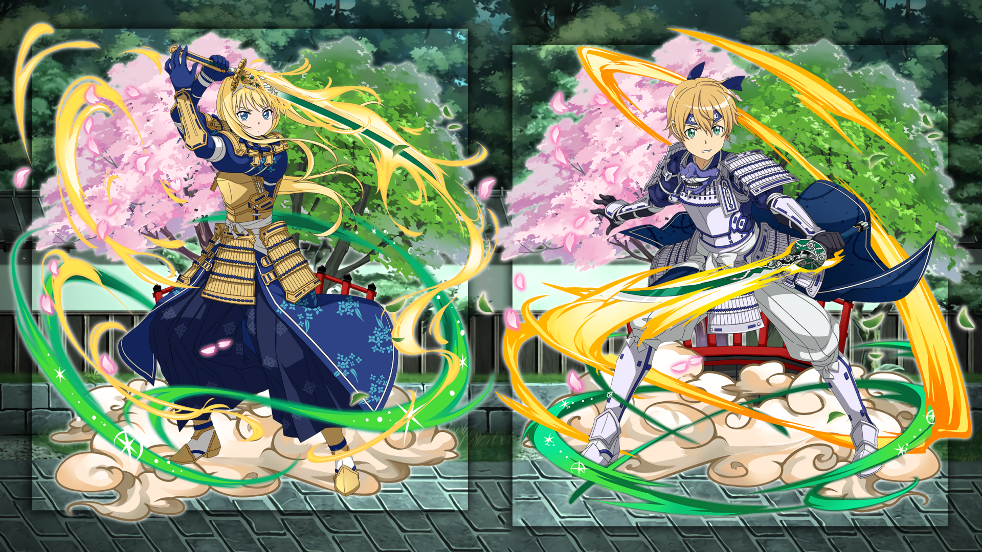 HD PC desktop wallpaper featuring Eugeo and Alice Zuberg from Sword Art Online: Alicization in dynamic anime style, with vibrant magical effects from Sword Art Online: Memory Defrag.