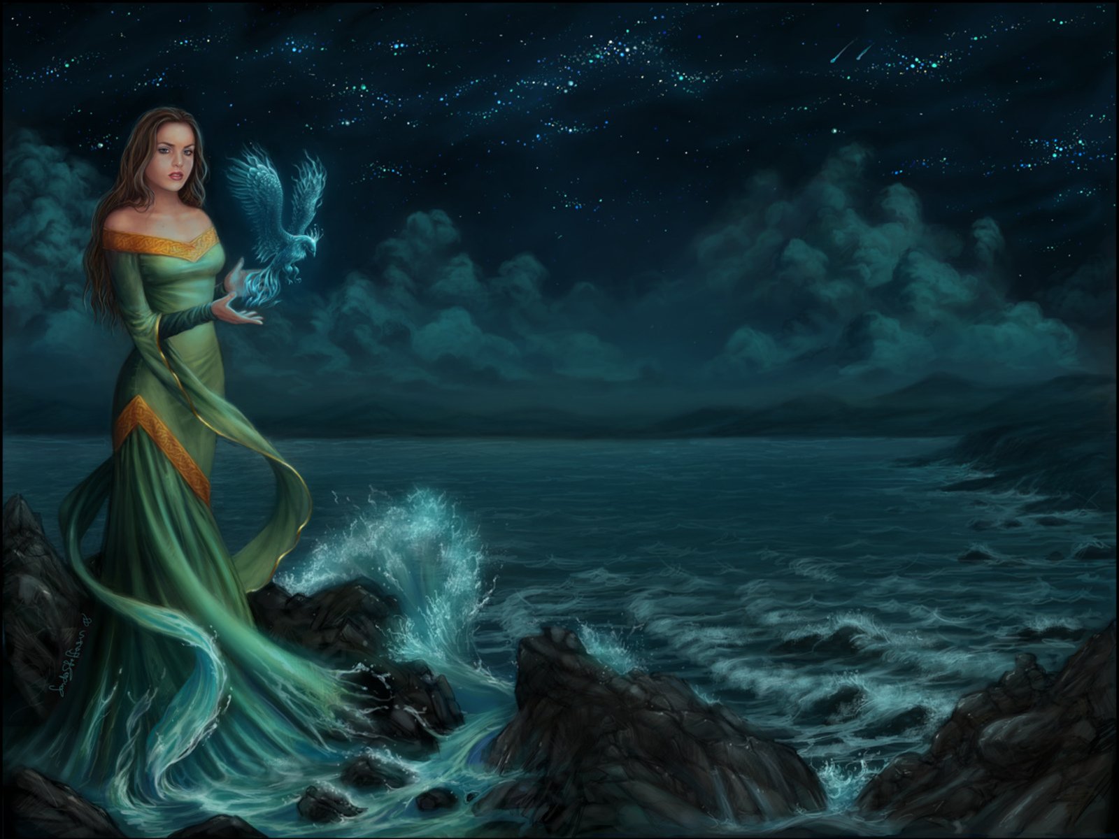 A fantasy-themed HD desktop wallpaper featuring a woman standing by the ocean at night, holding a glowing orb with waves crashing around her under a starry sky.