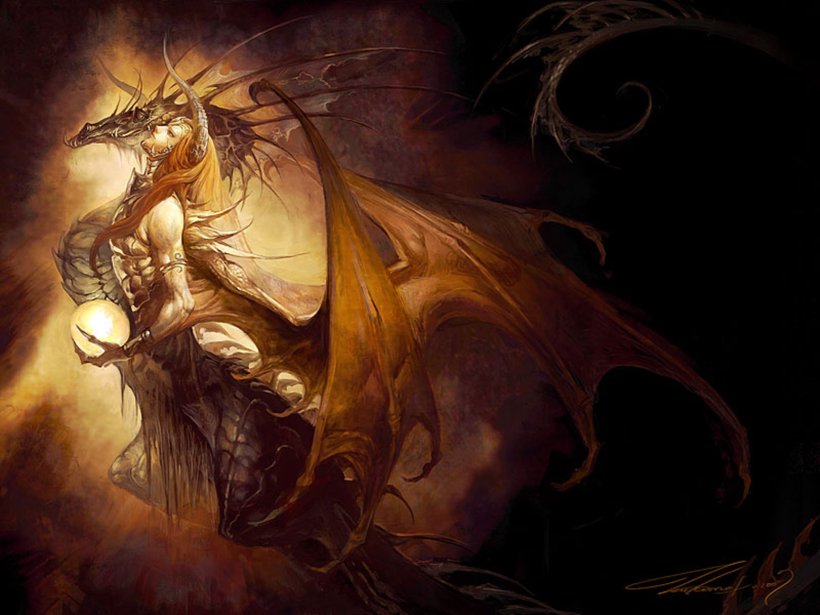 A majestic fantasy creature, a dragon-human hybrid, stands dramatically with wings spread and an orb in hand, set against a dark, atmospheric background. An enchanting HD desktop wallpaper.