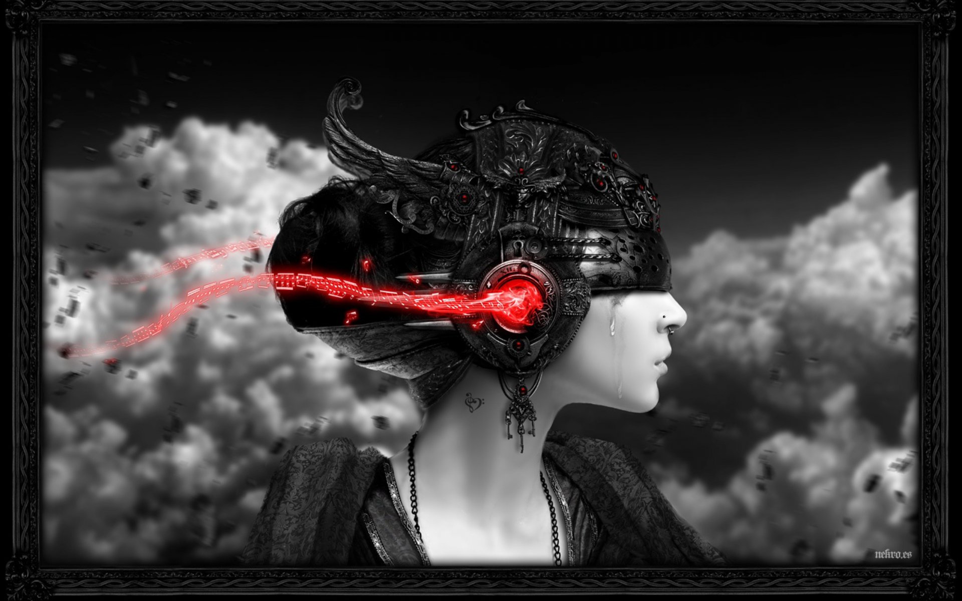 HD wallpaper featuring a dark-themed, side profile of a woman wearing an elaborate, mechanical headpiece with glowing red elements against a cloudy background.