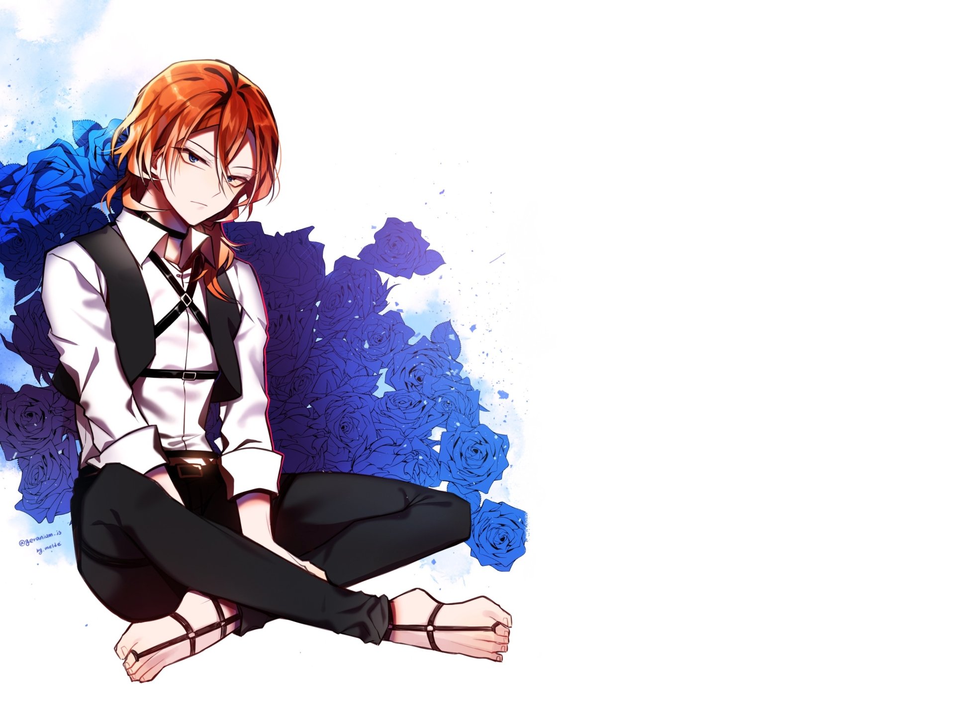 Chuuya Nakahara from Bungou Stray Dogs seated by a splash of blue roses on a white background — anime 2K Quad HD PC desktop wallpaper/background.