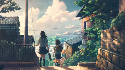 Anime wallpaper featuring a girl with short hair and another girl against a scenic sky backdrop, walking through a charming town. High-definition desktop background.