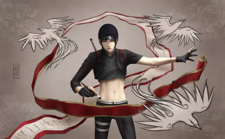 HD anime desktop wallpaper of Sai from Naruto, showcasing him against a backdrop with artistic scrolls and birds.