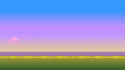 HD desktop wallpaper featuring a minimalist 8-bit pixel art style with a gradient sky and simple green landscape.