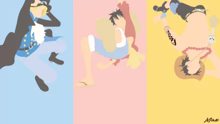 Minimalist 8K Ultra HD PC wallpaper featuring stylized silhouettes of One Piece characters Sabo, Portgas D. Ace, and Monkey D. Luffy against pastel backgrounds.