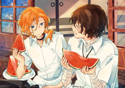 Chuuya Nakahara and Osamu Dazai share watermelon in a cozy setting, beautifully captured in this HD anime wallpaper from Bungou Stray Dogs, showcasing their friendship.