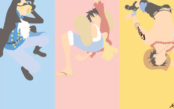 Minimalist 8K Ultra HD PC wallpaper featuring stylized silhouettes of One Piece characters Sabo, Portgas D. Ace, and Monkey D. Luffy against pastel backgrounds.