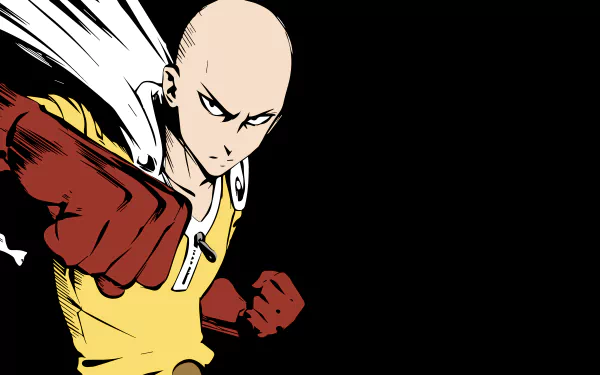 Saitama from One-Punch Man is depicted in dynamic action pose with clenched fists, set against a black background in this 8K Ultra HD anime desktop wallpaper.