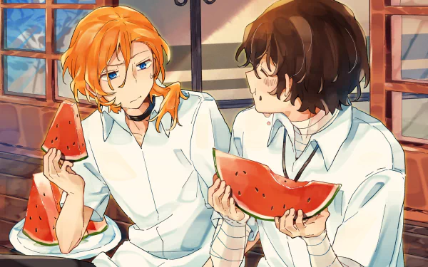 Chuuya Nakahara and Osamu Dazai share watermelon in a cozy setting, beautifully captured in this HD anime wallpaper from Bungou Stray Dogs, showcasing their friendship.