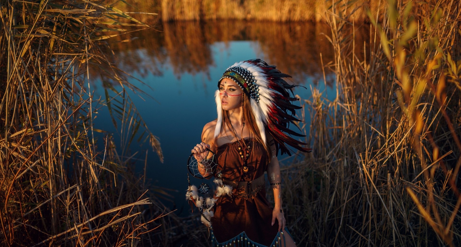Download Feather Depth Of Field Dreamcatcher Headdress Redhead Model Woman Native American HD Wallpaper by Сергей Сорокин