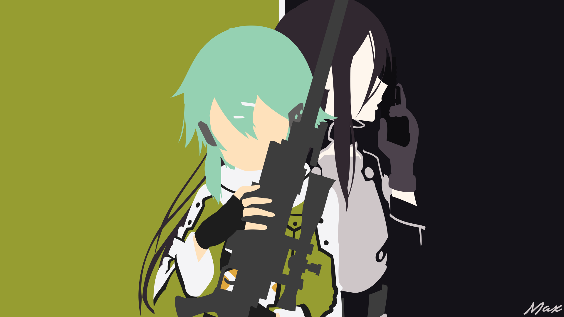 Minimalist 8K Ultra HD wallpaper featuring Kazuto Kirigaya (Kirito) and Shino Asada from the anime Sword Art Online II.
