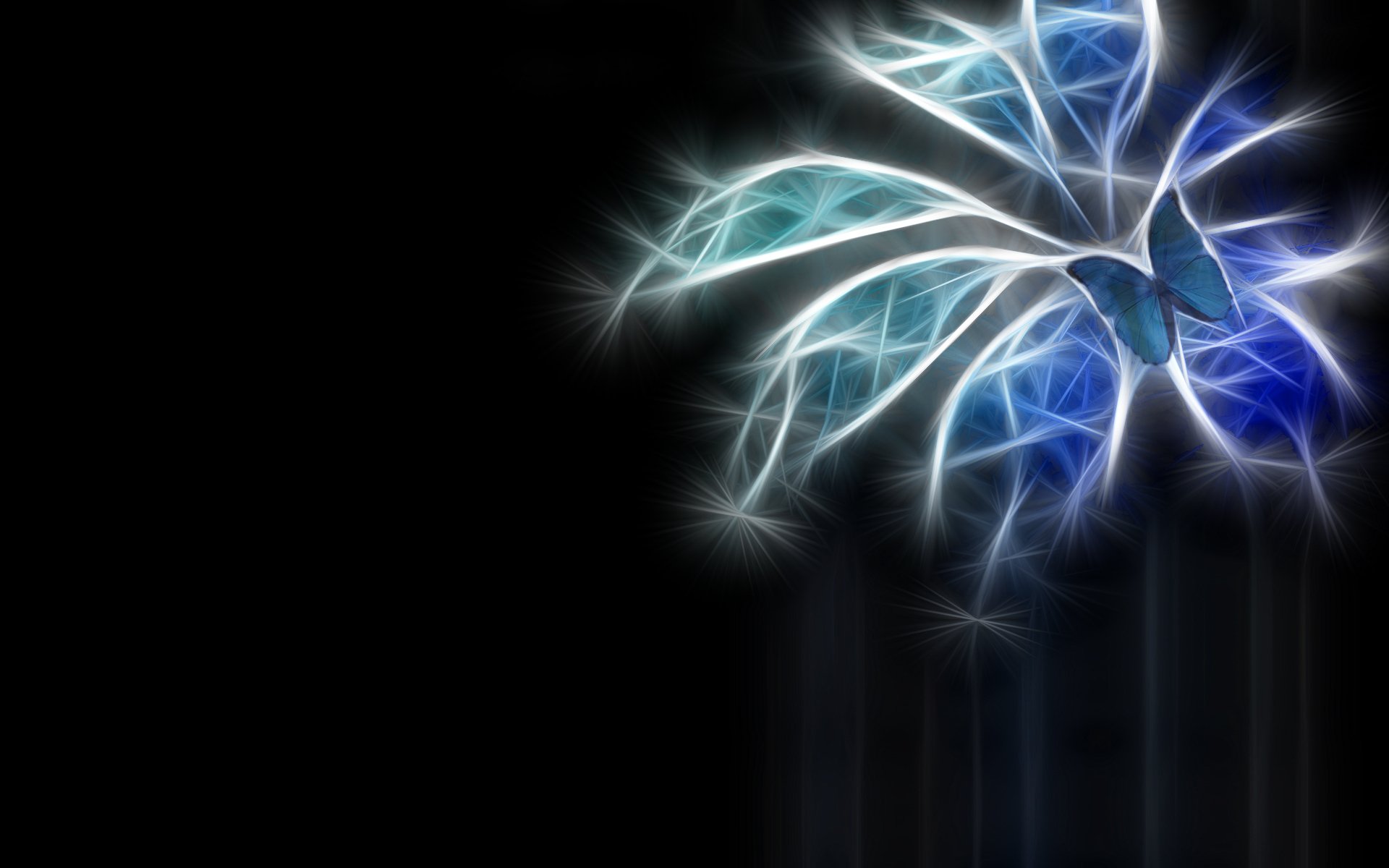 A stunning HD wallpaper featuring a blue fractal flower and a butterfly, illuminated against a dark background, creating a tranquil and artistic ambiance.
