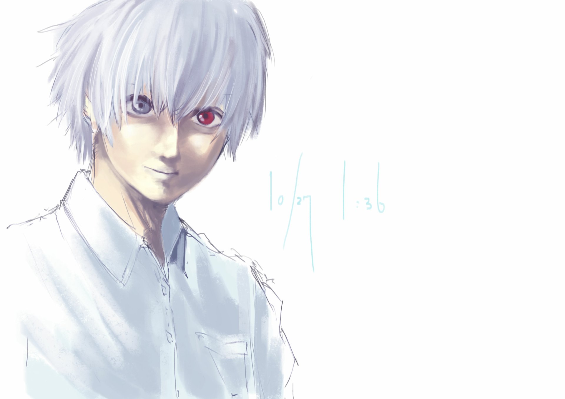 Ken Kaneki (Tokyo Ghoul:re) portrait with white hair and one red eye in soft watercolor style — 4K Ultra HD PC desktop wallpaper/background.