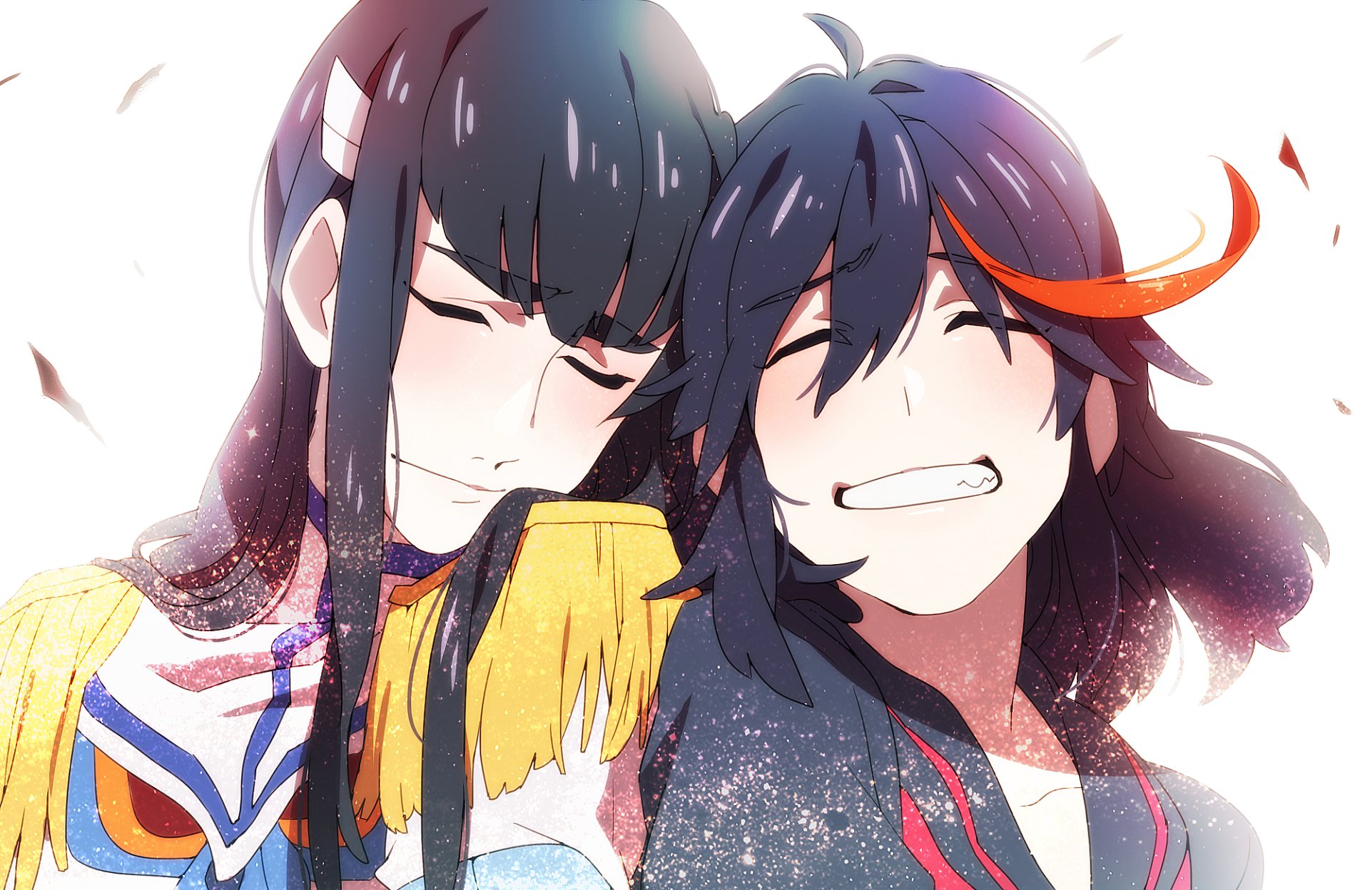 HD anime desktop wallpaper featuring Ryūko Matoi and Satsuki Kiryūin from Kill La Kill, showcasing a close and emotional moment between the characters.