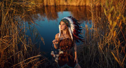 feather depth of field dreamcatcher headdress redhead model woman native american HD Desktop Wallpaper | Background Image