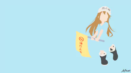HD PC wallpaper of Platelet from Cells at Work! anime: minimalist light-blue background with Platelet in hat and boots holding a yellow caution flag and two small platelets.