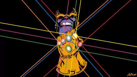 A vibrant HD desktop wallpaper featuring Thanos wielding the Infinity Gauntlet, surrounded by colorful beams of light, inspired by comic book artistry.