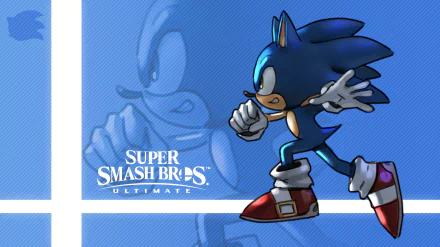 HD PC desktop wallpaper featuring Sonic the Hedgehog in an action pose from the video game Super Smash Bros. Ultimate with the game logo on a blue background.
