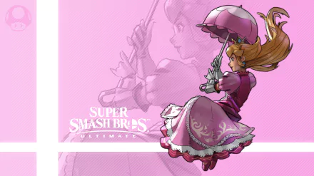 HD PC desktop wallpaper featuring Princess Peach from the video game Super Smash Bros. Ultimate, set against a pink background with the game logo.