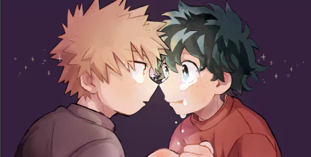 HD PC desktop wallpaper featuring Izuku Midoriya and Katsuki Bakugou from the anime My Hero Academia, capturing an intense, emotional moment between the two characters.