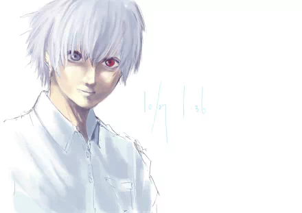 Ken Kaneki (Tokyo Ghoul:re) portrait with white hair and one red eye in soft watercolor style — 4K Ultra HD PC desktop wallpaper/background.