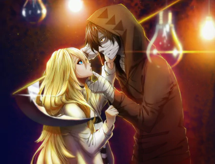 Anime-style 4K Ultra HD wallpaper featuring Rachel Gardner and Zack from Angels of Death, with brown and blonde long hair, yellow and blue eyes, bandages, a scythe, and hooded coat.